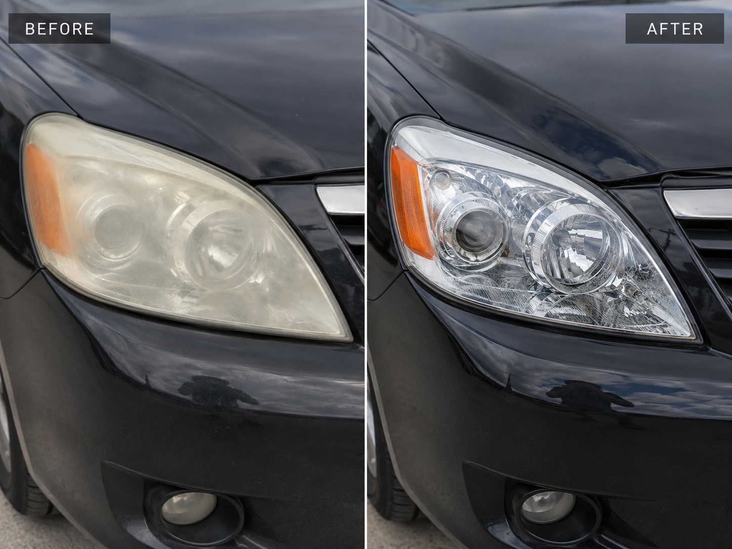 Before and after headlight restoration on a car in Wilmington, NC